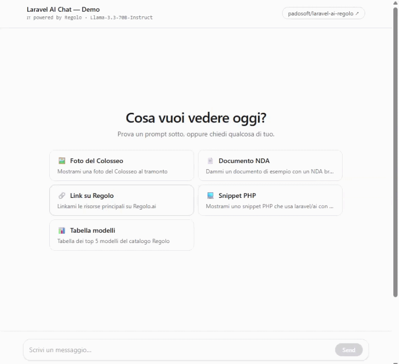 laravel-ai-chat — streaming Regolo reply rendering image, doc, links, code and table artifacts inline